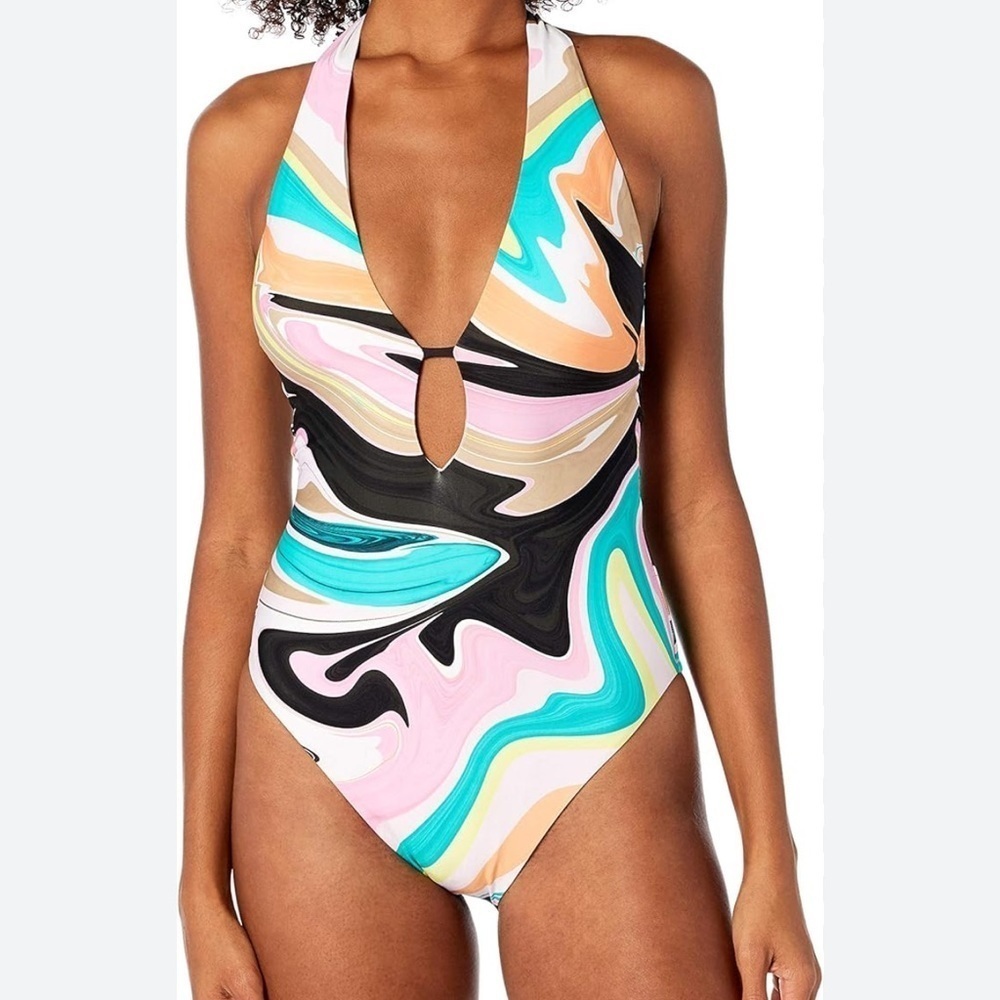 NEW Trina Turk One Piece Plunge Swimsuit TT0NC09 Multi Color Size 4 NWT